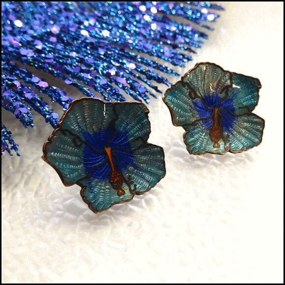 1950s French Cloisonne Vintage Copper Earrings Blue Orchids 16116 - Picture 2 of 6